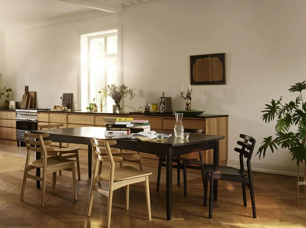 J48 Dining Chair , Black Painted Oak / Black Leather