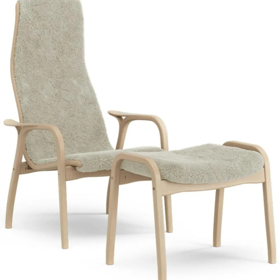 Lamino Armchair With Footstool Sheepskin, Black / Lacquered Beech