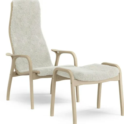 Lamino Armchair With Footstool, Natural lacquered Beech / Sheepskin Off-white