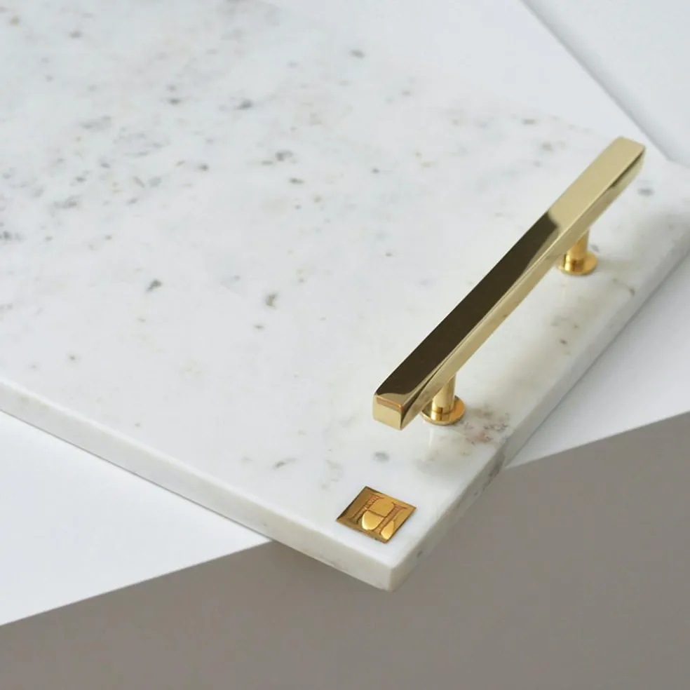 Marbletray with Handles, White / Brass