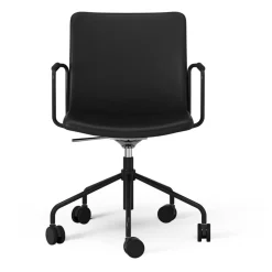 Stella Armchair With Wheel Leather Arm Adjustable , Black / Black