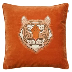 Embroidered Tiger Velvet Cushion Cover 50x50 cm, Cactus Green