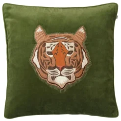 Embroidered Tiger Velvet Cushion Cover 50x50 cm, Cactus Green