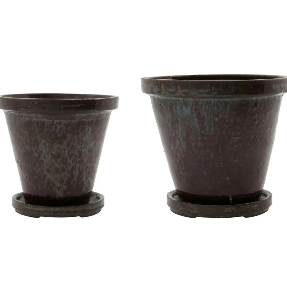 Flower pot with tray 2-pack H12xØ13,5/H14xØ16, Brown