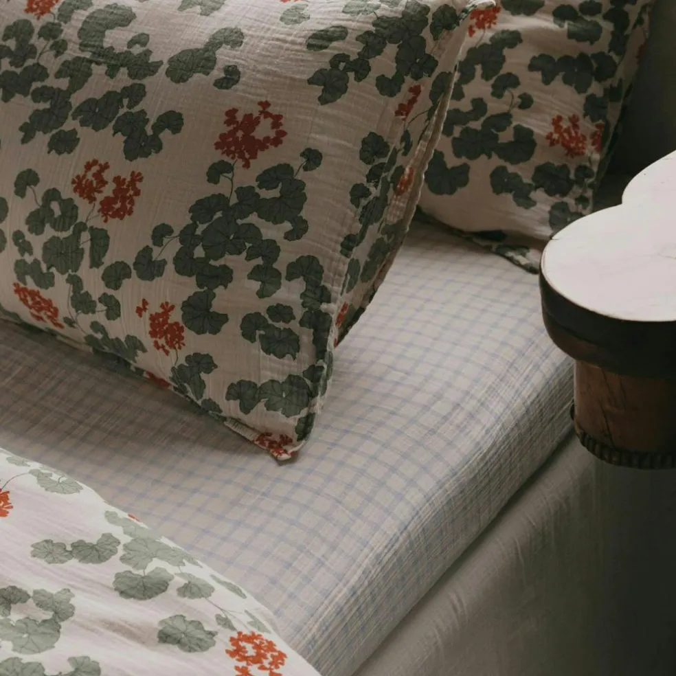 Gingham Sky Blue Muslin Fitted Sheet Double, 140x200 cm