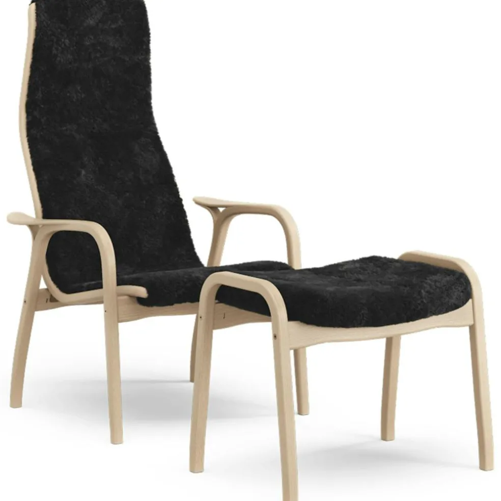 Lamino Armchair With Footstool Sheepskin, Black / Lacquered Beech