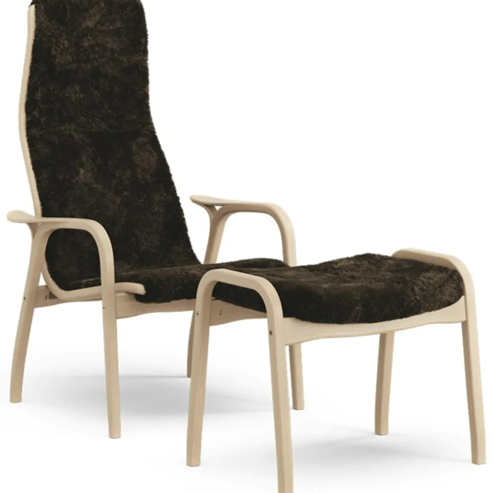 Lamino Armchair With Footstool Sheepskin, Black / Lacquered Beech