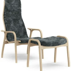 Lamino Armchair With Footstool Sheepskin, Black / Lacquered Beech