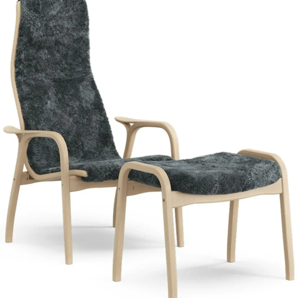 Lamino Armchair With Footstool Sheepskin, Black / Lacquered Beech