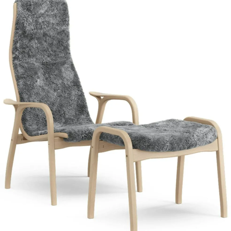 Lamino Armchair With Footstool Sheepskin, Black / Lacquered Beech