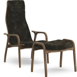 Lamino Armchair With Footstool, Natural lacquered Walnut / Sheepskin Moonlight