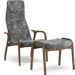 Lamino Armchair With Footstool, Natural lacquered Walnut / Sheepskin Moonlight