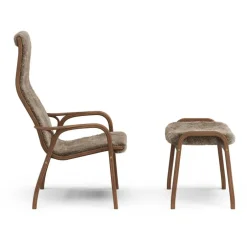 Lamino Armchair With Footstool, Natural lacquered Walnut / Sheepskin Moonlight