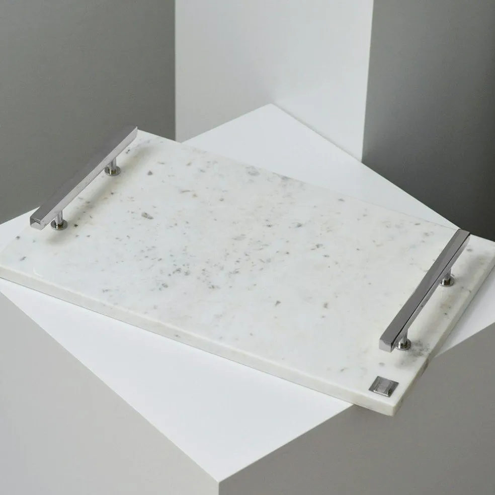 Marbletray with Handles, White / Brass