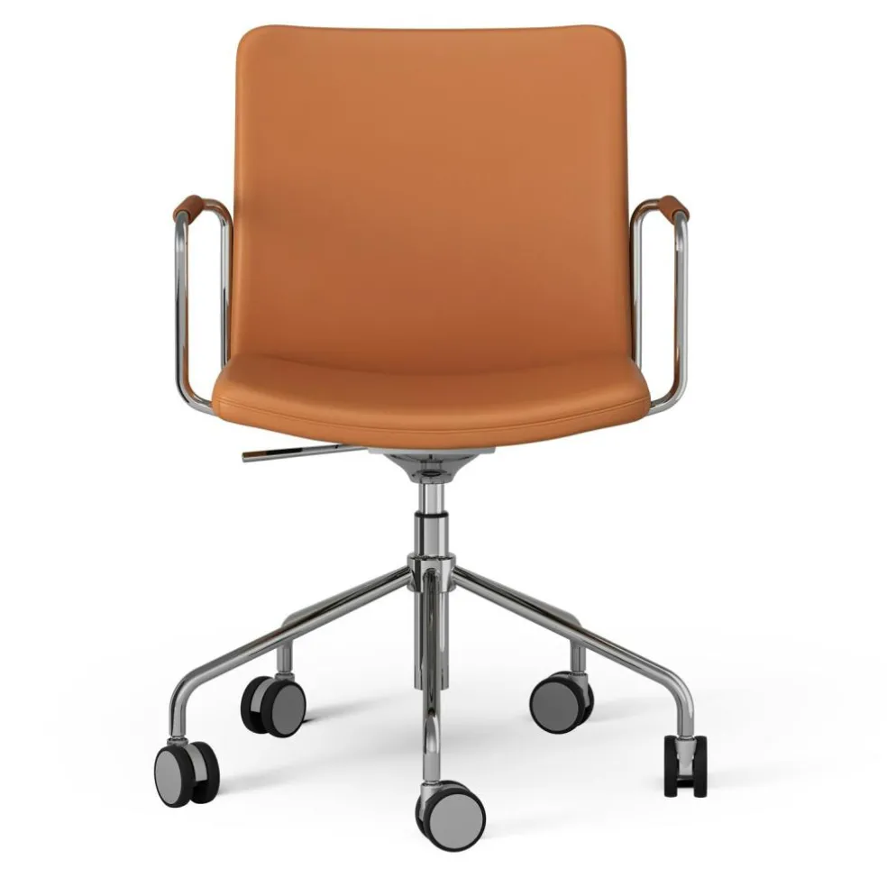 Stella Armchair With Wheel Leather Arm Adjustable , Black / Black