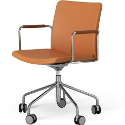 Stella Armchair With Wheel Leather Arm Adjustable , Black / Black